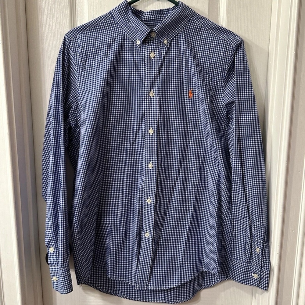 Ralph Lauren Navy Checkered Button-Down Shirt youth XL 18-20 EUC